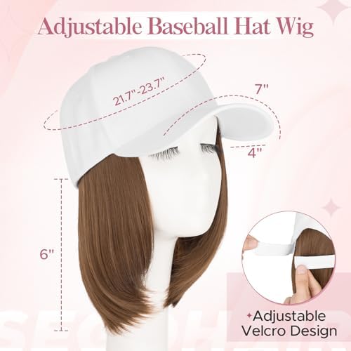 SEGO Baseball Cap with Hair Extensions for Women Heat Resistant Synthetic Hair Attached Short Straight Hairpiece White Baseball Cap Wig Adjustable Hat Wigs for Women 6 Inch 10A Light Brown - Image 3