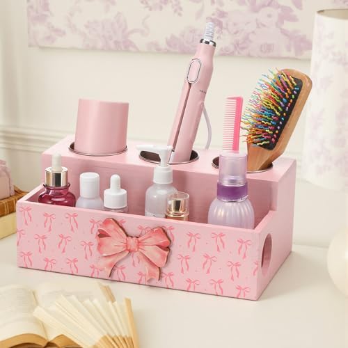 Pink Bow Hair Tool Organizer Countertop Wooden Blow Dryer Holder - Image 5