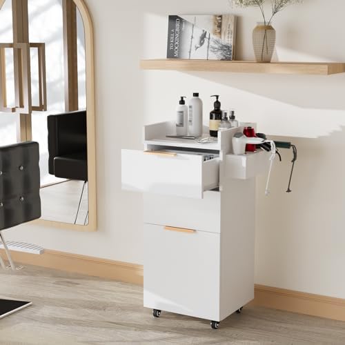 OmySalon Salon Trolley with Wheels, 2 Drawers & 1 Storage Cabinet, Salon Cart for Hair Stylist, Portable Styling Station for Barbershop Beauty Spa, White - Image 2