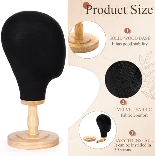 Mannequin Head for Wigs with Detachable Strong Wood Base, Canvas Wig Tripod Stand with Head, Wooden Mannequin Head for Hats, Canvas Head Holder for Hair Display (Black) - Image 3