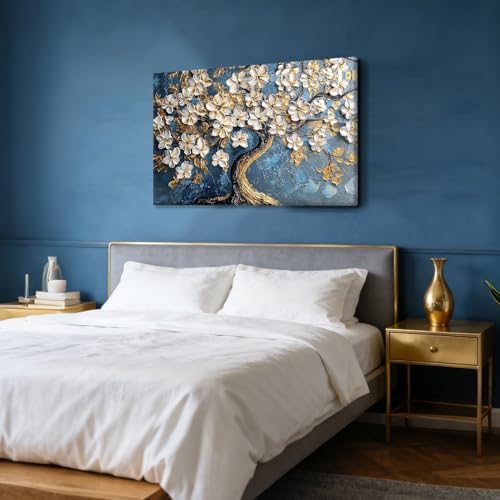 EEYNAQQ Tree of Life Canvas Wall Art, 16x24 In Blue Gold Textured Painting - Image 4