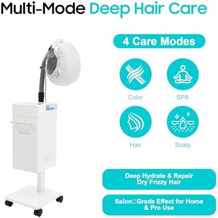 Hooded Hair Steamer, Professional Nano Standing Steamer for Hair Scalp Treatment Dye Perm, with Wheels (White) - Image 2