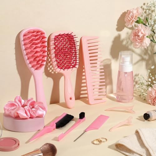 auroray 16 Pcs Pink Hair Brush Set for Women Girls - Scalp Scrubber with Handle, Detangle Hair Brush, Spray Bottle, Edge Bristles Wide Tooth Brushes Rat Tail Comb for Travel Home Use Hair Stuff - Image 2