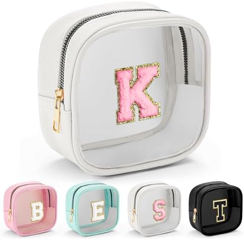 YOOLIFE Initial Make Up Bag Travel Toiletry Bag, Clear Makeup Bag Preppy Cosmetic Bags Organizer Travel Essentials Gifts for Women Teen Girlfriend Teacher Mom Birthday Mothers Day Gifts White K by YOOLIFE