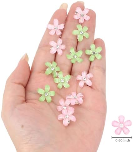 YISSIOBN Light Pink & Bright Green Mini Flower Hair Clips for Women & Girls, 20Pcs Dual-Color Floral Hair Barrettes with Crystal, Versatile Hair Accessories for Wedding Prom Party Daily Hairstyling - Image 6