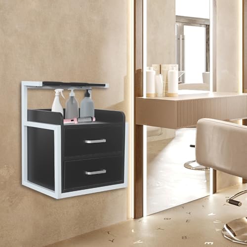 Bepritm Suspended Salon Station, Wall Mounted Salon Cabinet with 2 Drawers & Hair Dryer Stand, Wall Mounted Salon Storage Cabinet for Hair Salon, Bathroom, Bedroom (Black+Silver) - Image 7