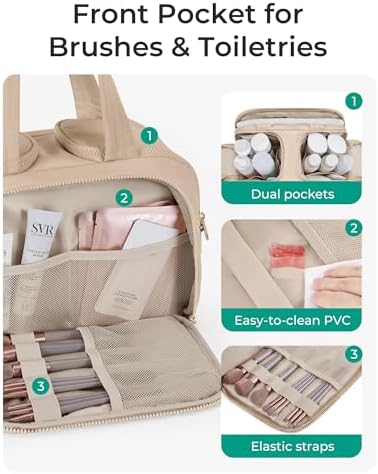 BAGSMART Travel Toiletry Bag, Puffy Toiletry Bag for Women, Wide-open toiletry bags for traveling, Large Travel Cosmetic Makeup Bag Organizer for Accessories,Toiletrie (Khaki) - Image 2