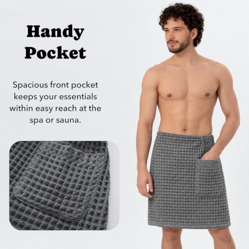 Luxury Organic Japanese Cotton Waffle Body Towel Wrap for Men | Sauna, Spa, Onsen, Shower Towel with Adjustable Snap Closure and Pocket | Ultra Plush 450 GSM (Smoke, L/XL) - Image 5