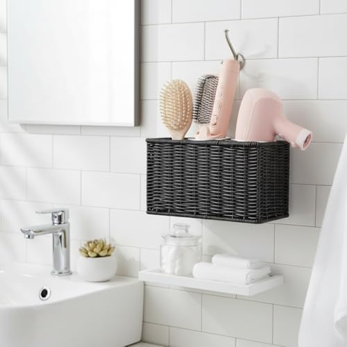 Hair Tool Organizer,Wall Mount Curling Iron Holder,Waterproof Wicker Hot Tools Organizer for Hair Dryer,Flat Irons,Curling Wands,Straighteners Storage,in Cabinet,Bathroom,Vanity (Black) by Unknown