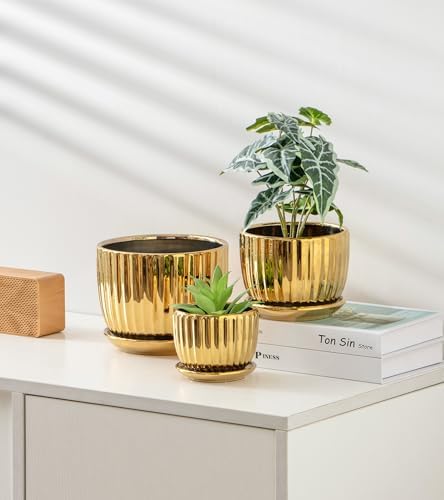 Plant Pots,Ceramic Flower Pots with Drainage Holes & Saucers Set of 3（Gold） - Image 5
