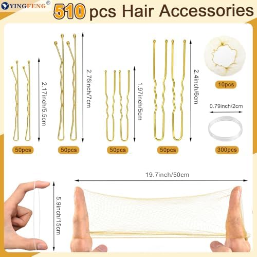 510PCS Blonde Bobby Pins Hair Pins Kit with Hair Net, YINGFENG Includes 100 Bobby Pins for Women, 100 U Shaped Buns Hair Clips, 300 Hair Bands and 10 Blonde Hair Nets, Dance competition must haves - Image 3