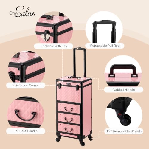 OmySalon Rolling Makeup Train Case with 3 Drawers, Cosmetology Case on Wheels w/Pull Handle and Removable Wheels, Large Cosmetic Organizer Storage Box for Nail Tech, Makeup Artist, Hairstylist(Pink) - Image 4