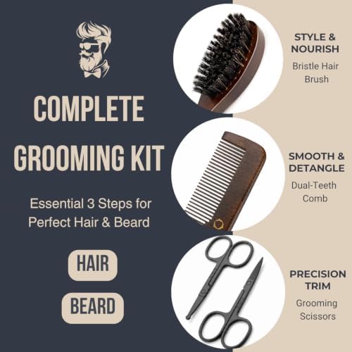 Men's Hair Brush and Comb Set - Boar Bristle Brush & Beard Scissors - Image 2