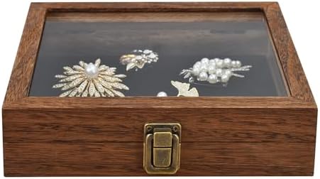MOOCA Tempered-Glass Top 2 pieces Set Small Wooden Jewelry Display Case with Removable Black Luxurious Velvet Jewelry Display Pad, Deeper 2.2" Design for Collectibles, Brown Color. - Image 4
