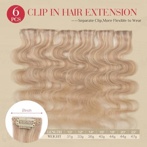 Rich Choices Clip In Hair Extension Real Human Hair-Wave/Curly 6 Pcs Single Clip Hairs Extension for Women-Invisible Mini Clips in Hairpieces-16 Inch #22BP613 Champagne Blonde Balayage - Image 2