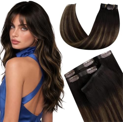 LaaVoo Seamless Clip in Hair Extensions Human Hair Brown Balayage Seamless Clip in Human Hair Extensions Dark Brown Mix Light Brown Hair Extensions Clip ins Invisible PU Weft 18 Inch 110g 7pcs by LaaVoo