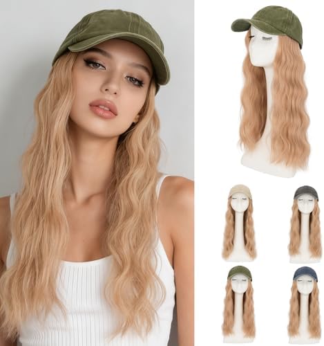 Rich Choices Hat Wigs for Women,Olive Green Baseball Cap with Hair Extensions for Women,Caps with Wavy Curly Synthetic Long Hair Attached Adjustable Baseball Cap Wig 18 Inch Light Blonde Hair by RichChoices