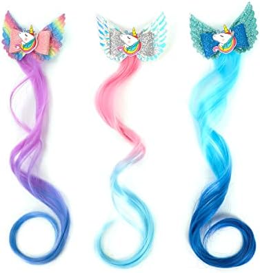 6-Colors Unicorn Hair Bows Clips Hair Accessories For Girls Kids Glitter Braided Curly Gradient Color Wig Hair Extensions（6PCS) - Image 4
