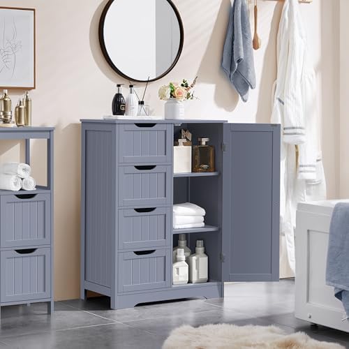 Yaheetech Bathroom Storage Cabinet with 4 Beadboard Drawers and Door, Gray - Image 4