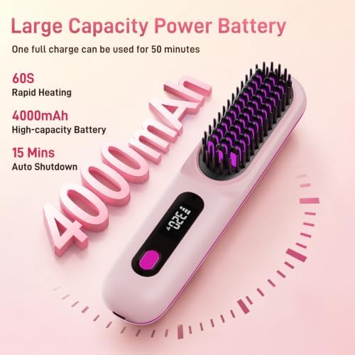 2026 Upgraded Cordless Straightening Brush, Go Brush Pro Hair Straightener Brush, MCH Fast Heating, 3 Temp Settings, 4000mAh Type-C Rechargeable Portable Travel Styling Tool (Cherry Blossom Pink) - Image 4