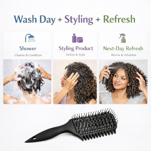 Curl Defining Brush for Curly Hair, Vented Detangling Hair Brush for Wet and Dry Styling, Curved Brush for Shaping and Smoothing Curl Clumps, Lightweight Hair Brush (9118 Black) - Image 6