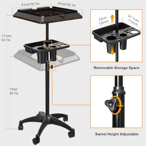 Salon Tray Cart with Extra Storage Space, Salon Rolling Tray, Adjustable Height Salon Tray on Wheels, Removable Hair Extension Tool Tray for Hairdressers, Color Tray for Salon Home Use - Image 3