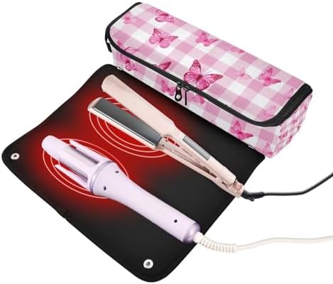 Hair Tools Travel Bag with Heat Resistant Mat Detachable 2-in-1 Curling Iron Travel Case Hot Tools Organizer for Straightener Flat Iron Checkered Pink and White Butterflies - Image 2