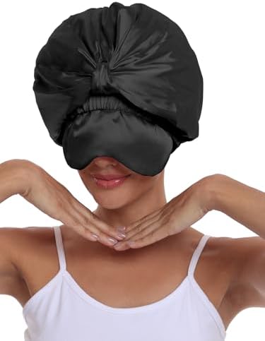 Double Layer Satin Bonnet with Eye Mask Adjustable Silk Sleep Cap Turban Style Hair Wrap for Curly Hair Black - Image 4