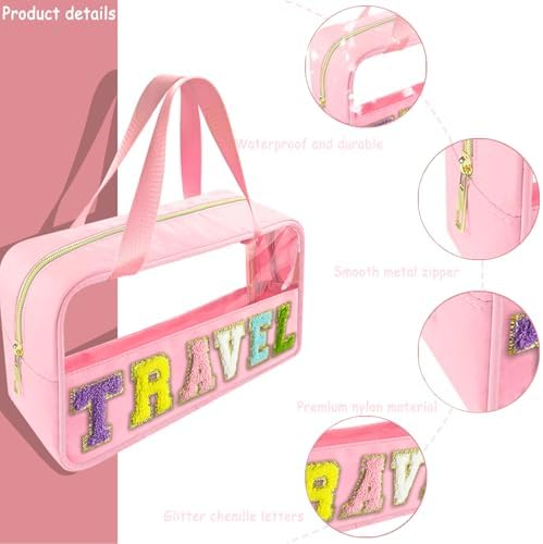 Bunliuys Chenille Letter Clear Makeup Bag Travel Patch, Travel Toiletry Makeup Bag with Handle, Nylon Waterproof Makeup Bags clear cosmetic bag, preppy patch makeup bag for Women (TRAVEL-Pink) - Image 3