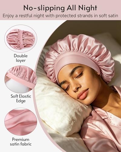 Yanideer 3 Pcs Satin Bonnet for Sleeping Double Layer Hair Bonnets for Women with Elastic Band - Image 3