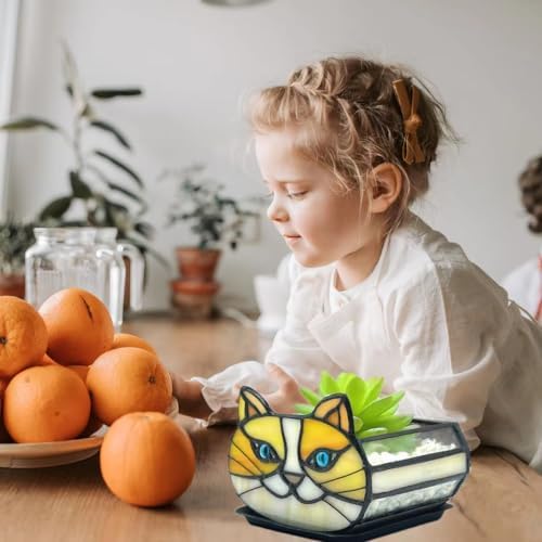 Stained Glass Yellow Cat Flower Pot,Small Succulent Planter for Indoor Plants,Cat Plant Decoration for Windowsill 4.33x3.54x2.95 in（Excluding Plants） - Image 4