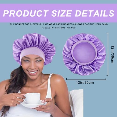 4PCS Silk Bonnet for Sleeping - Satin Bonnets for Black Women & Men, Elastic Wide Band Hair Wrap Cap for Curly Hair, Shower Cap (Black, Sapphire Blue, Pink, Purple) - Image 2