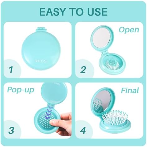 RHOS Folding Brush with Mirror for Women, Men & Kids - Compact, Portable, and Foldable for Travel, Purse or Pocket (Blue) - Image 3