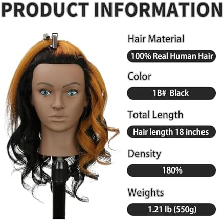 18" Mannequin Head Human Hair 100% Real Human Hair Mannequin Head Cosmetology Makeup Doll Training Head With Table Clamp Stand for Curling, Cutting Dyeing & Hairdresser School Training - Image 3