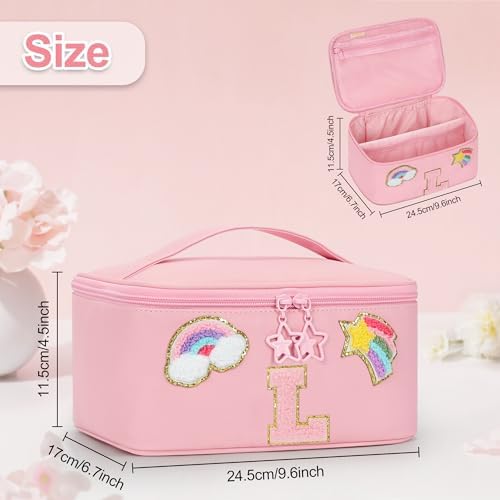 OCHEAL Initial Makeup Bag,Pink Travel Makeup Organizer Case Beauty Toiletry Cosmetic Bag with Rainbow, Trendy Stuff Personalized Gifts for Women and Girls-L - Image 2