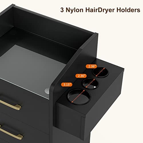 Paddie Beauty Salon Storage Trolley Cart, Glass Top Hair Salon Station Cabinet with Dryer Holder, Lockable Rolling Wheel, Drawer - Black - Image 3