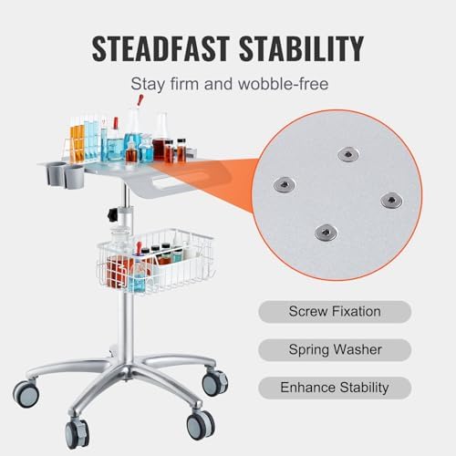 VEVOR Medical Trolley with Wheels - Height Adjustable Gas Lift, Large Tabletop 19"×17", Stainless Steel Rolling Laptop Cart with Storage Basket,Mobile Metal Scanner Cart for Ultrasound/Dental/EKG/Lab​ - Image 4
