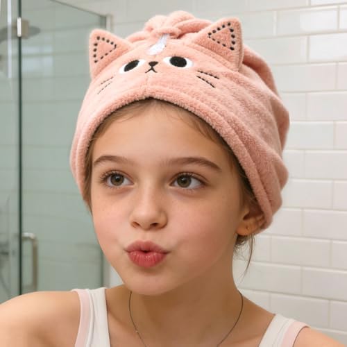 2Pack Microfiber Hair Towel Wrap for Kids, Cute Cat Absorbent Hair Drying Turbans Head Towels for Women Girls (Pink and Gray cat) - Image 5