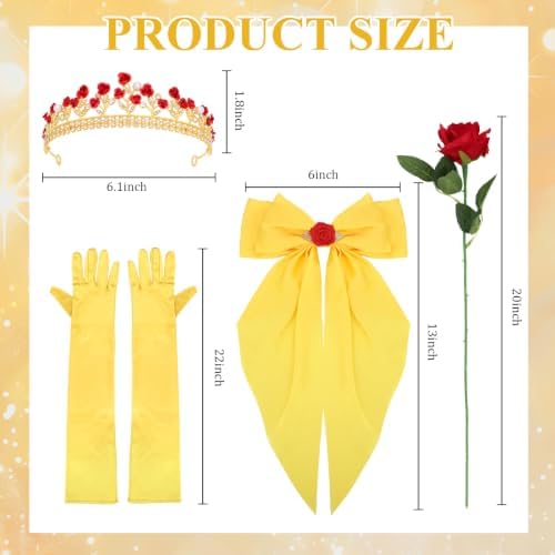 Princess Costume Accessories Crown Rose Hair Bow Yellow Gloves Kit - Image 2