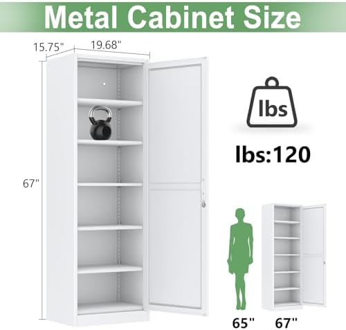 Ckzbx Metal Locker Tall Narrow Storage Cabinet, 67" H Locking Tool File Cabinets Snack Locker Organizer for School Classroom,Bedroom,Gym Home Office,Entryway and Hallway (20" W 1Door White) - Image 3