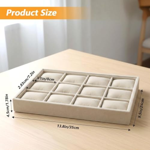 2 Pack 12 Grid Velvet Watch Tray Organizer with Removable Pillows - Stackable Bracelet & Bangle Display Holder for Drawer, Store, or Travel - Beige - Image 2