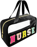 Bunliuys Chenille Letter Clear Makeup Bag with Nurse Patch, Travel Toiletry Makeup Bag with Handle, Nylon Waterproof Cosmetic Bag, Preppy Patch Makeup Bag for Women (NURSE-Black) by Bunliuys