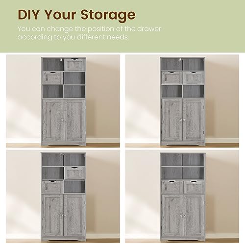 Iwell Storage Cabinet with 2 Drawers & Adjustable Shelf, Tall Bathroom Cabinet with Doors, Cupboard, Kitchen Cabinets for Living Room, Dining Room, Entryway, Grey - Image 6