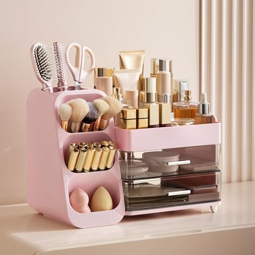 HBlife Makeup Organizer with Brush Holder for Vanity, Large Plastic Bathroom Countertop Organizer Skin Care Storage, Easy to Store Lipsticks, Nail Polishes, Perfumes, Eyeshadow Palettes, Pink - Image 2