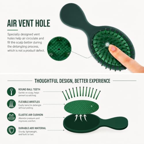 Mini Hair Bursh for Kids Women and Men, Protable Travel Size Hair Brush for Pockets Purse backpack, Mini Detangler Brush for All Hair Types, Small Hair Brush for Detangling(Green) - Image 3