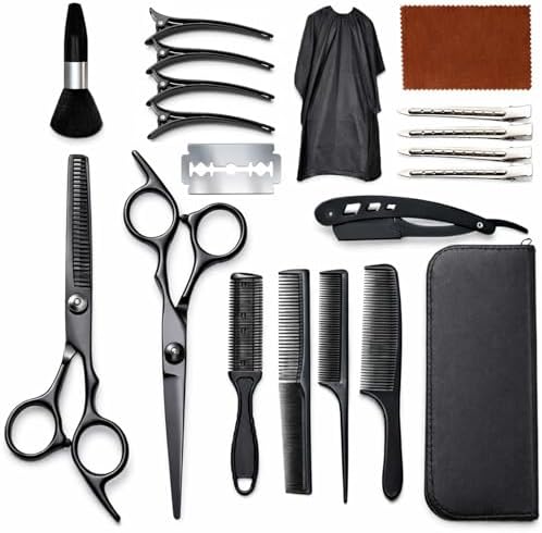 Hair Cutting Scissors & Shears Kit - 20-Piece Professional Hairdressing Tools Set for Barber Salon Home Thinning Scissors, Straight Razor, Comb, Clips, Cape, Hair Styling & Trimming for Men Women Kids by XWKJLIE