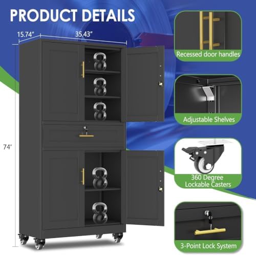 74" Metal Garage Storage Cabinet with Wheels and Locking Doors - Image 3