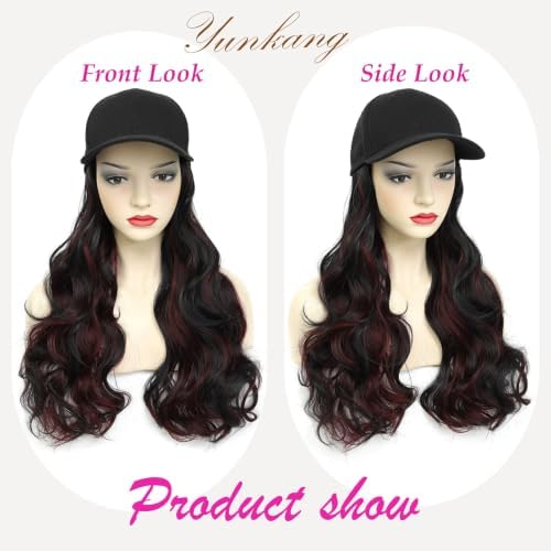 Hat Wig Baseball Cap with Long Wavy Wig Layered Highlights Burgundy Hair - Image 2