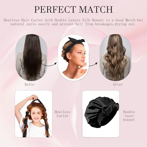 Heatless Hair Curler and Double Layer Satin Bonnet Set for Overnight Curls - No Heat Curling Rod with silk Bonnet, Sleep-In Safe for Long/Medium Hair, Frizz-Free Waves & Volume(Black) - Image 4