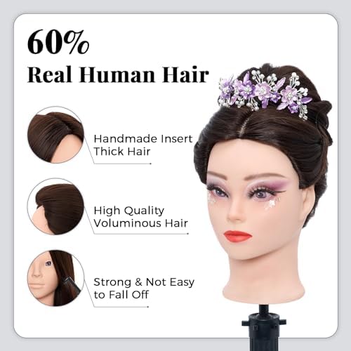 Mannequin Head 80% Human Hair - 28 Inch Make up Cosmetology Manikin Practice Doll Head with Hair, Braiding Styling Dummy with Table Clamp + DIY hair Styling Set - Image 2